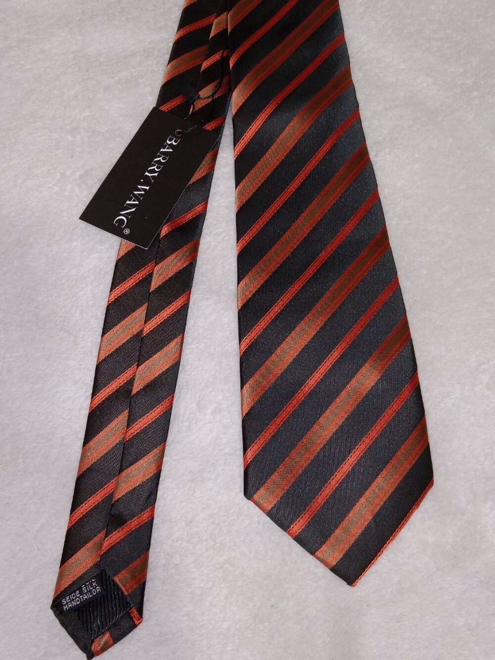 Barry Wang Men's Silk Tie Handmade Italy Orange Black Striped NEW